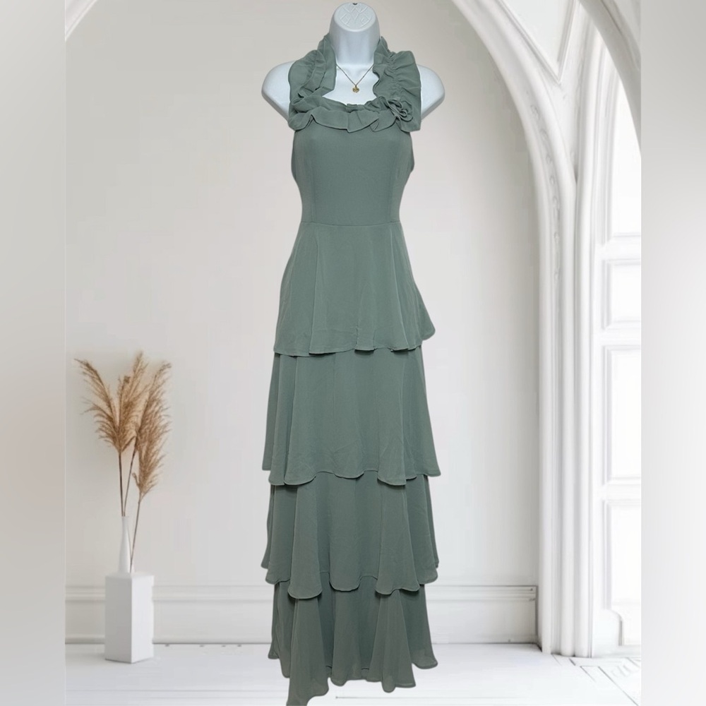 NWT! Prom Maxi Dress Lulu's Sage Green Ruffled Halter Neck Elegant Size Small